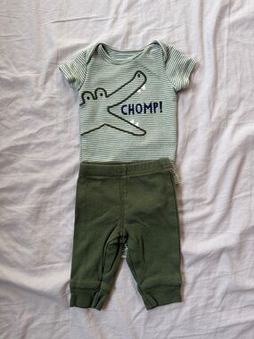 Carter's Green Striped 'Chomp!' Crocodile Bodysuit and Olive Pants Set